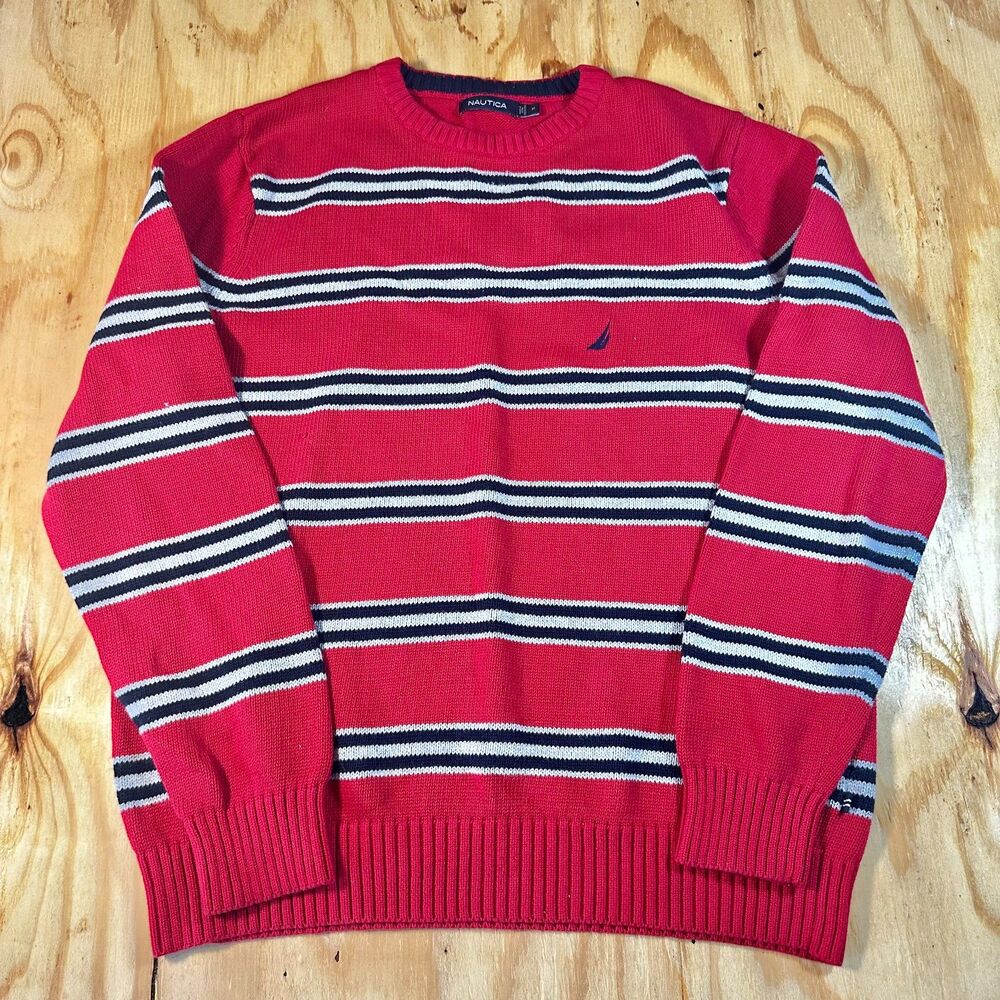 Nautica red and black striped crewneck sweater size M